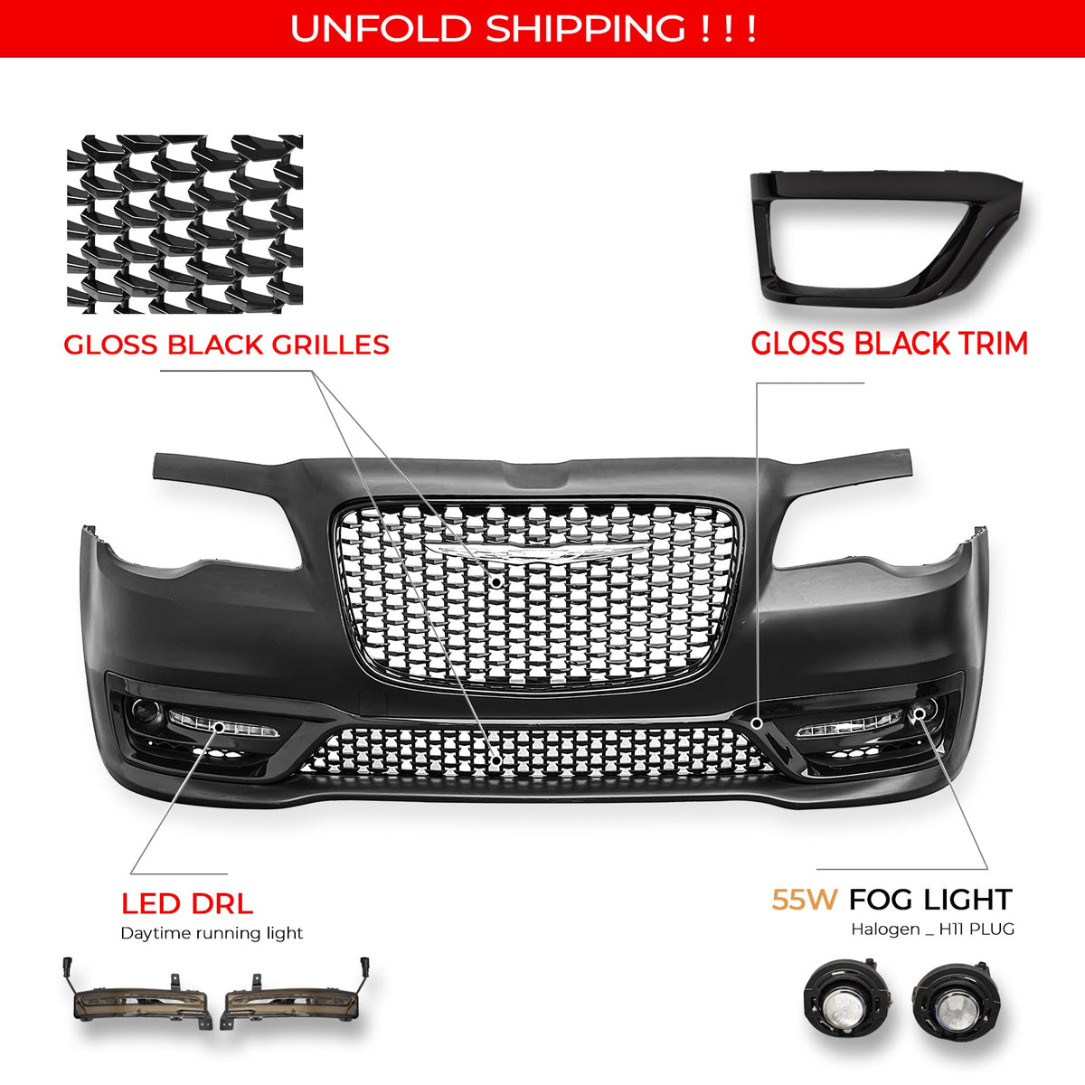 2015-2023 Chrysler 300 Sport Style Front Bumper Cover Unpainted Black PP Replacement Conversion with DRL, Fog Light and Gloss Black Upper Lower Grille
