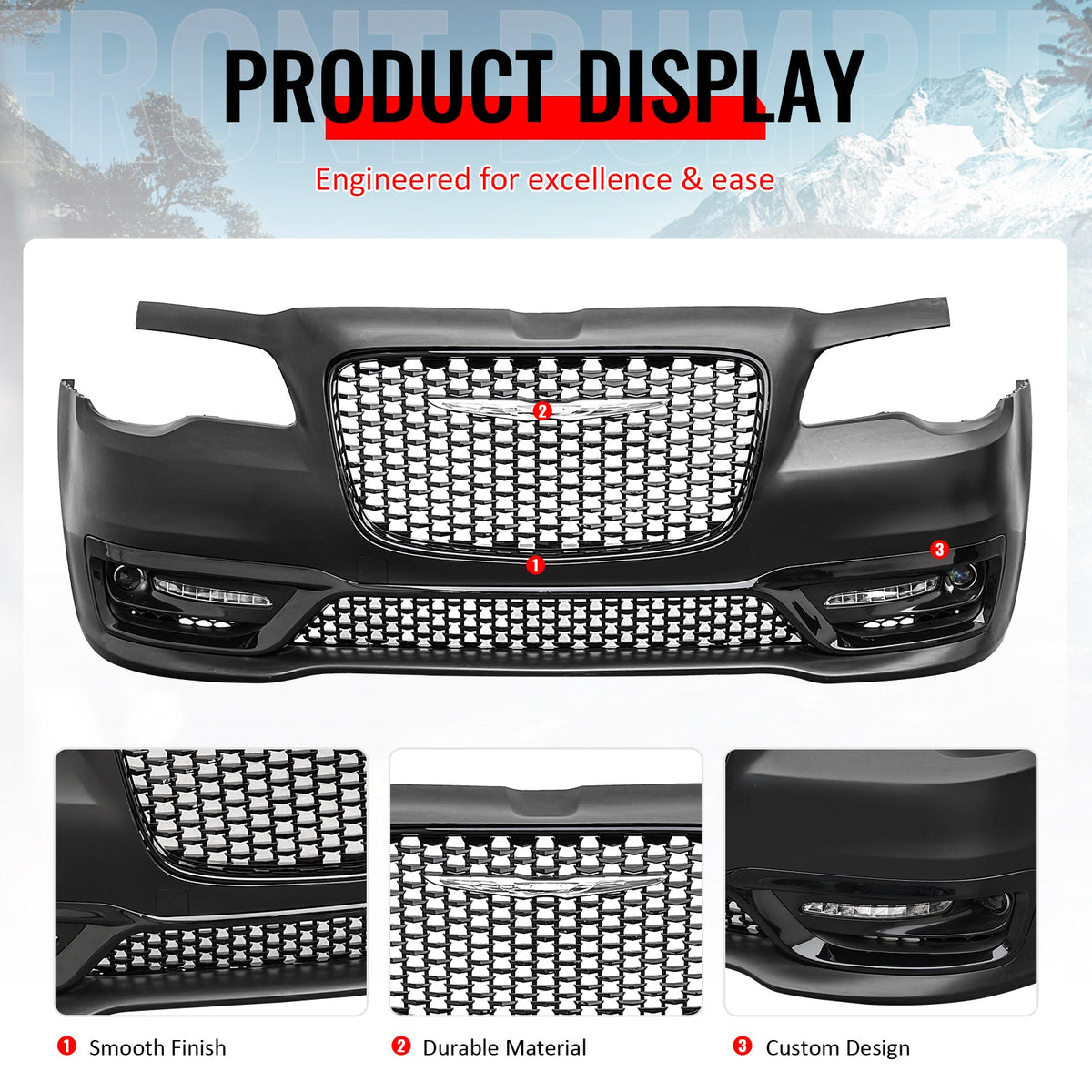 2015-2023 Chrysler 300 Sport Style Front Bumper Cover Unpainted Black PP Replacement Conversion with DRL, Fog Light and Gloss Black Upper Lower Grille