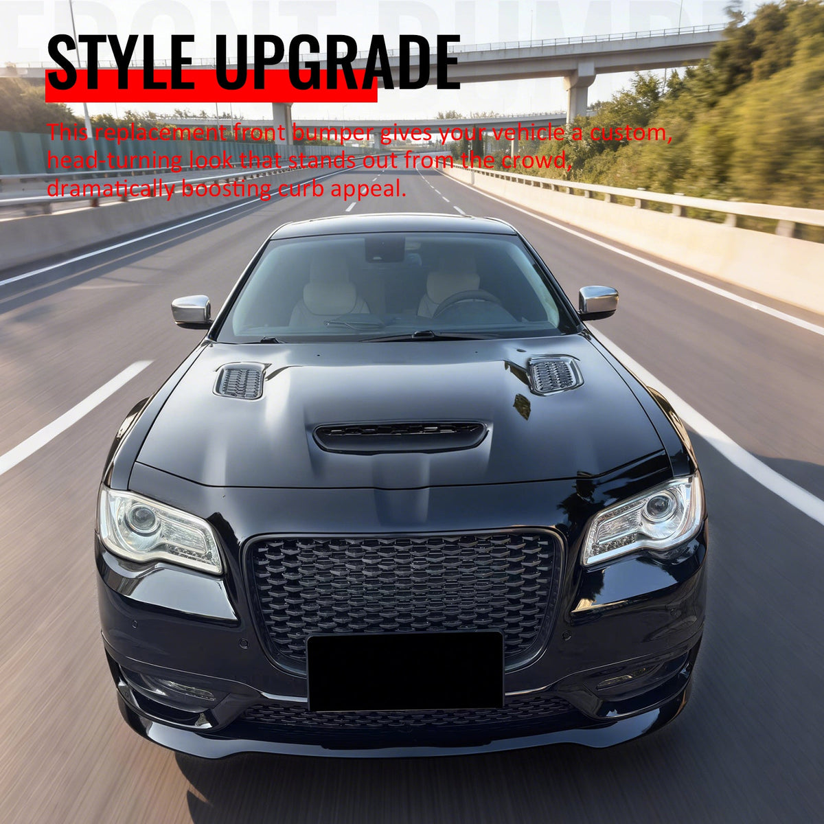 2015-2023 Chrysler 300 Sport Style Front Bumper Cover Unpainted Black PP Replacement Conversion with DRL, Fog Light and Gloss Black Upper Lower Grille