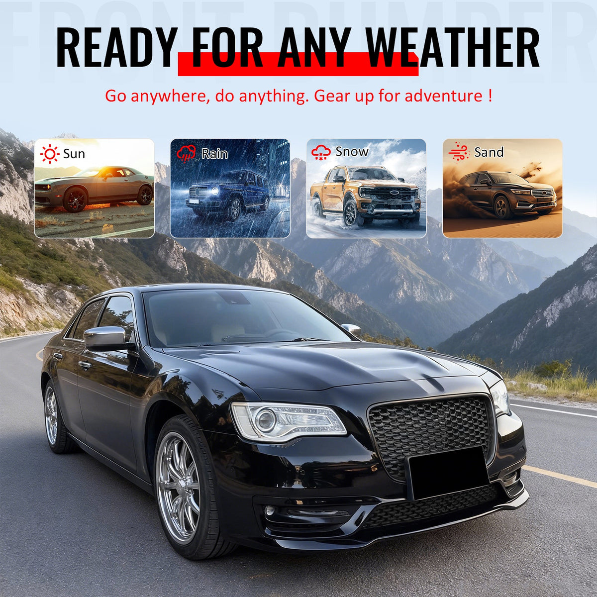 2015-2023 Chrysler 300 Sport Style Front Bumper Cover Unpainted Black PP Replacement Conversion with DRL, Fog Light and Gloss Black Upper Lower Grille
