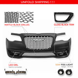 2015-2023 Chrysler 300 300S Style Front Bumper Cover Unpainted Black PP Replacement Conversion with DRL, Fog Lights and Matte Black Upper Lower Grille