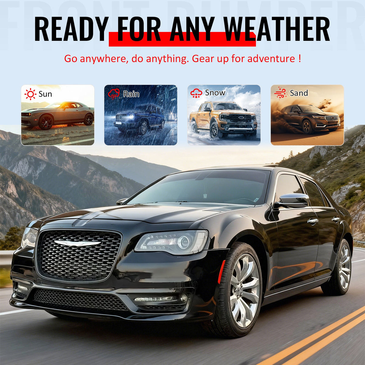 2015-2023 Chrysler 300 300S Style Front Bumper Cover Unpainted Black PP Replacement Conversion with DRL, Fog Lights and Matte Black Upper Lower Grille
