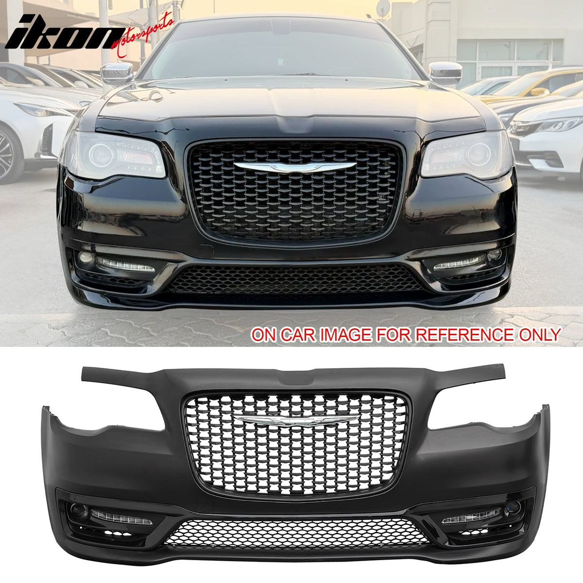 2015-2023 Chrysler 300 300S Style Front Bumper Cover Unpainted Black PP Replacement Conversion with DRL, Fog Lights and Matte Black Upper Lower Grille