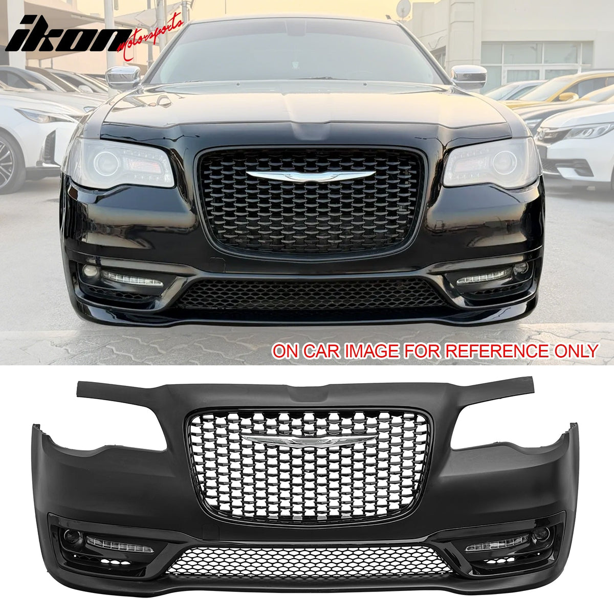 2015-2023 Chrysler 300 300S Style Front Bumper Cover Unpainted Black PP Replacement Conversion with DRL, Fog Lights and Gloss Black Upper Lower Grille