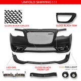 2015-2023 Chrysler 300 SRT Style Front Bumper Cover Unpainted Black PP Conversion with DRL, Fog Lights, Gloss Black Upper/Lower Grille and Lip