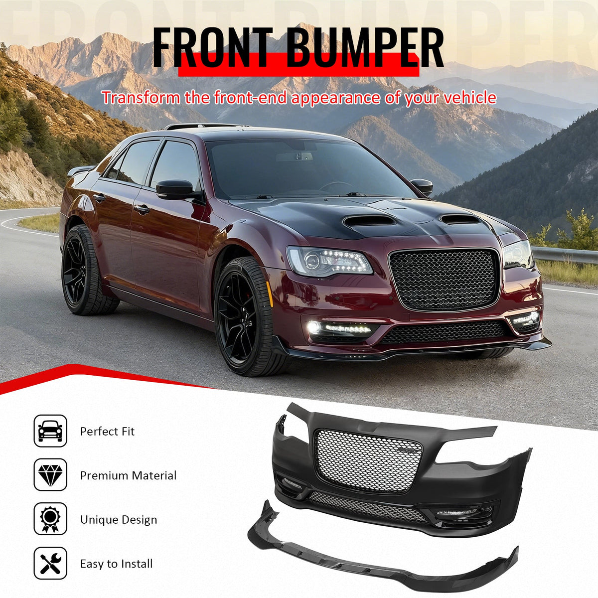 2015-2023 Chrysler 300 SRT Style Front Bumper Cover Unpainted Black PP Conversion with DRL, Fog Lights, Gloss Black Upper/Lower Grille and Lip