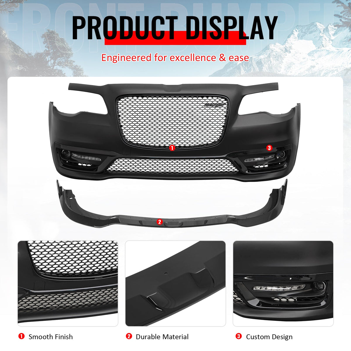 2015-2023 Chrysler 300 SRT Style Front Bumper Cover Unpainted Black PP Conversion with DRL, Fog Lights, Gloss Black Upper/Lower Grille and Lip