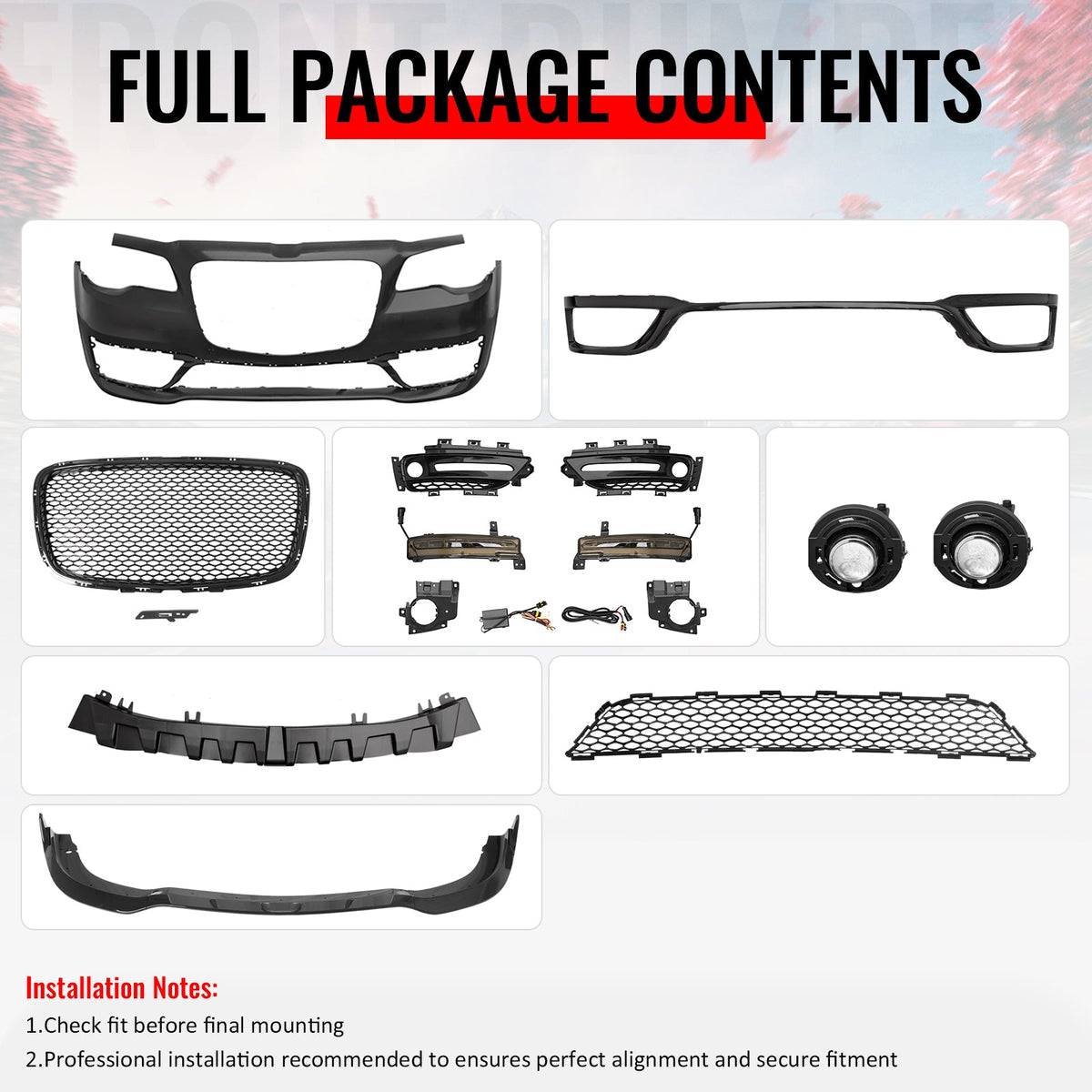 2015-2023 Chrysler 300 SRT Style Front Bumper Cover Unpainted Black PP Conversion with DRL, Fog Lights, Gloss Black Upper/Lower Grille and Lip