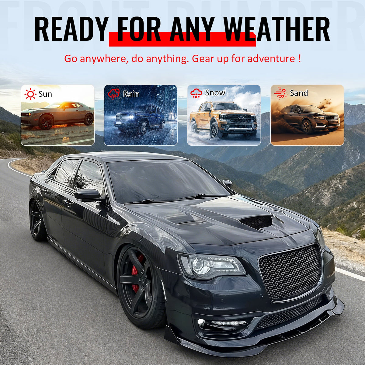 2015-2023 Chrysler 300 SRT Style Front Bumper Cover Unpainted Black PP Conversion with DRL, Fog Lights, Gloss Black Upper/Lower Grille and Lip