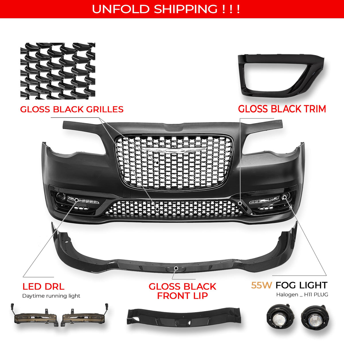 2015-2023 Chrysler 300 Sport Style Front Bumper Cover Unpainted Black PP Conversion with DRL, Fog Lights, Gloss Black Upper/Lower Grille and Lip