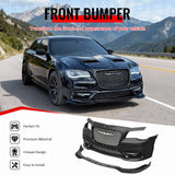 2015-2023 Chrysler 300 Sport Style Front Bumper Cover Unpainted Black PP Conversion with DRL, Fog Lights, Gloss Black Upper/Lower Grille and Lip