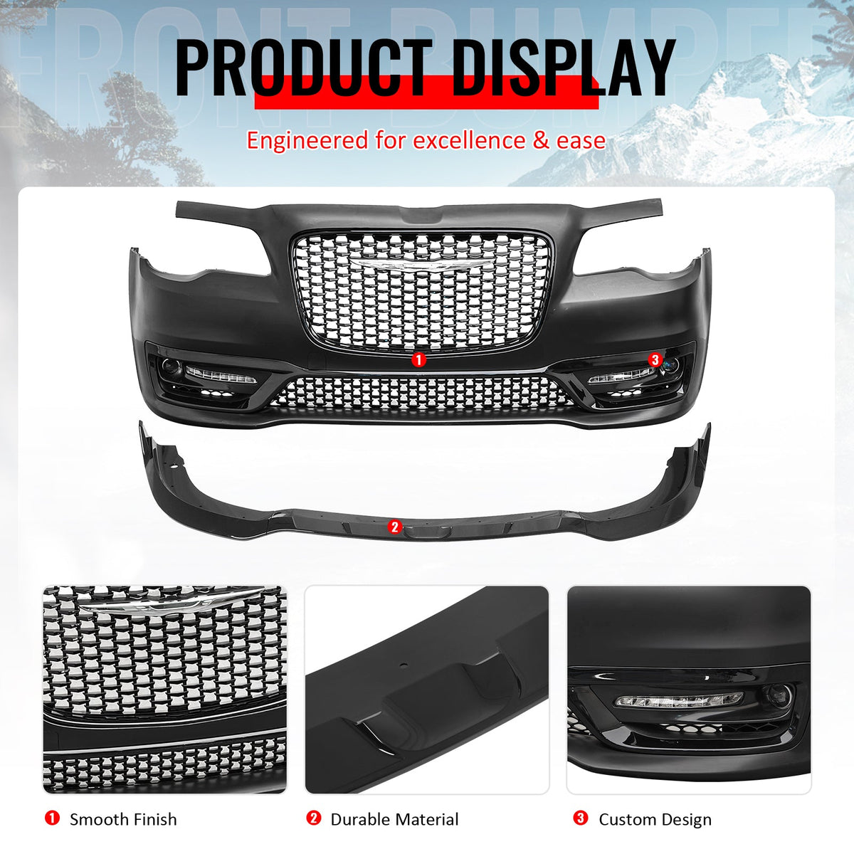 2015-2023 Chrysler 300 Sport Style Front Bumper Cover Unpainted Black PP Conversion with DRL, Fog Lights, Gloss Black Upper/Lower Grille and Lip