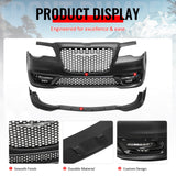 2015-2023 Chrysler 300 Sport Style Front Bumper Cover Unpainted Black PP Conversion with DRL, Fog Lights, Gloss Black Upper/Lower Grille and Lip