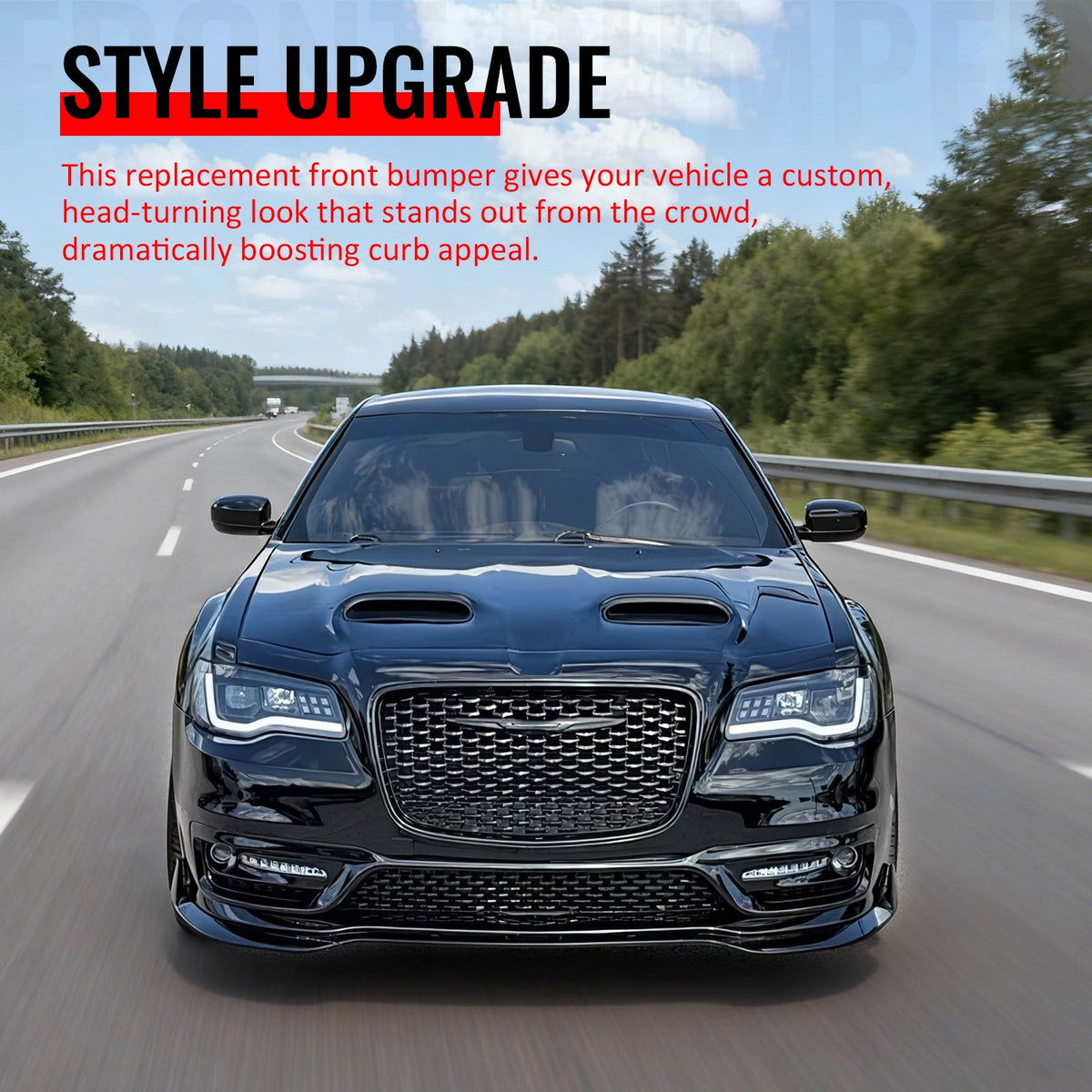 2015-2023 Chrysler 300 Sport Style Front Bumper Cover Unpainted Black PP Conversion with DRL, Fog Lights, Gloss Black Upper/Lower Grille and Lip