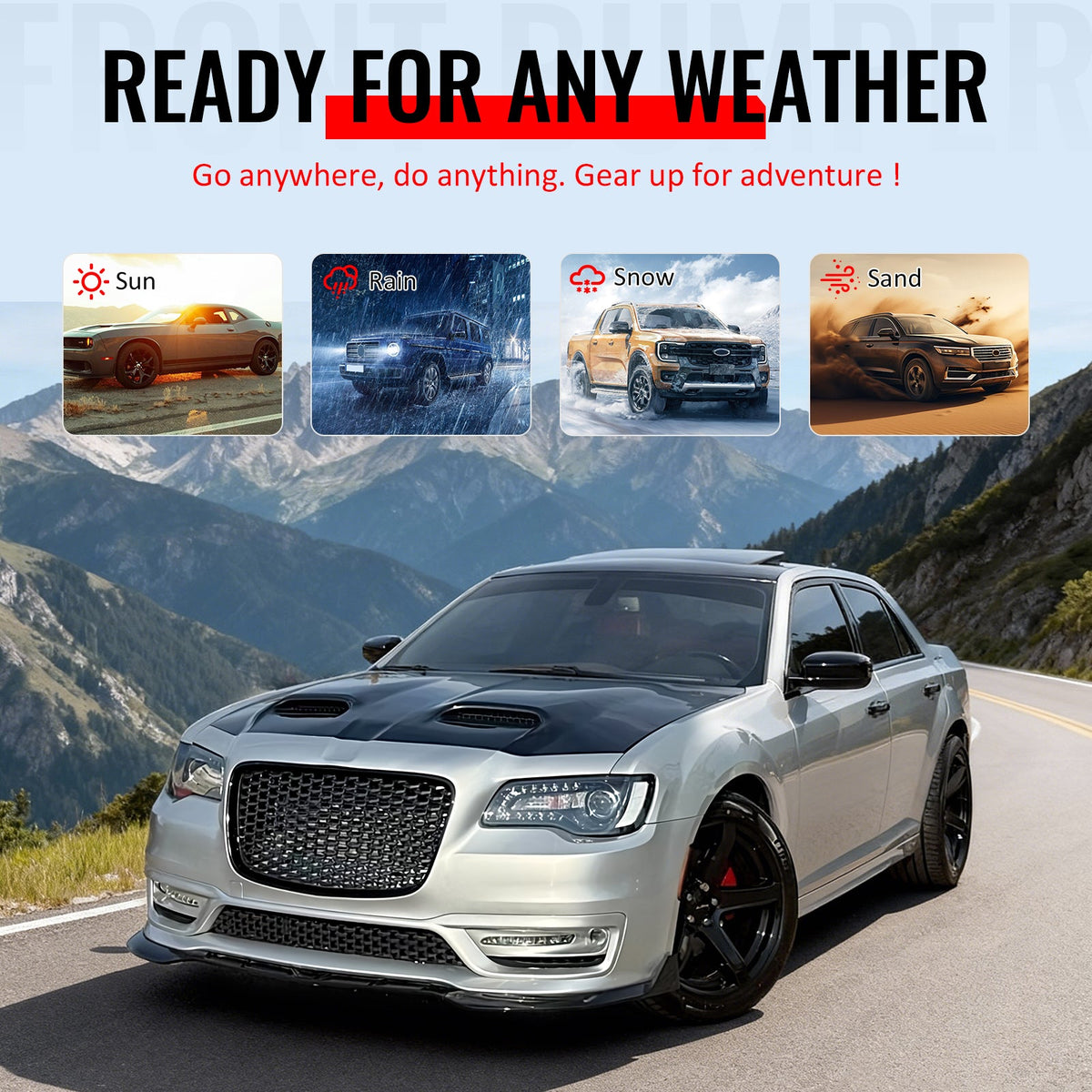 2015-2023 Chrysler 300 Sport Style Front Bumper Cover Unpainted Black PP Conversion with DRL, Fog Lights, Gloss Black Upper/Lower Grille and Lip