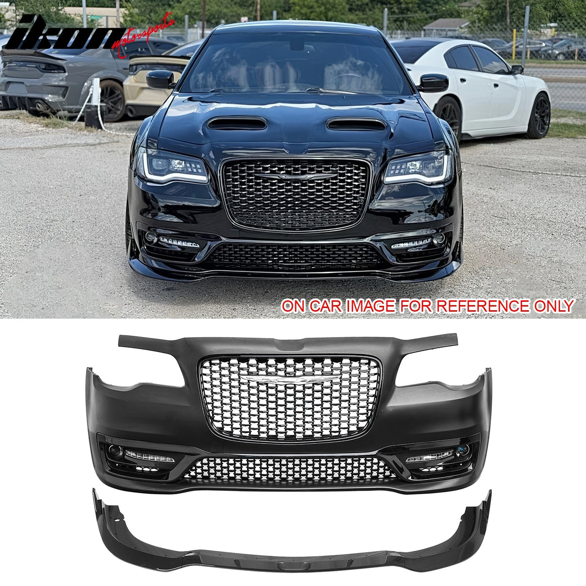 2015-2023 Chrysler 300 Sport Style Front Bumper Cover Unpainted Black PP Conversion with DRL, Fog Lights, Gloss Black Upper/Lower Grille and Lip