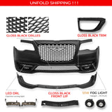 2015-2023 Chrysler 300 300S Style Front Bumper Cover Unpainted Black PP Conversion with DRL, Fog Lights, Gloss Black Upper/Lower Grille and Lip