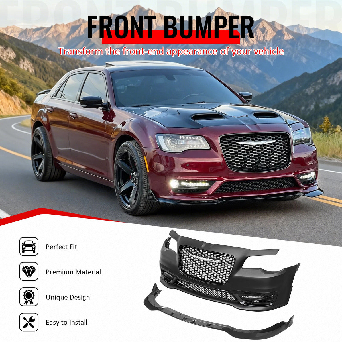 2015-2023 Chrysler 300 300S Style Front Bumper Cover Unpainted Black PP Conversion with DRL, Fog Lights, Gloss Black Upper/Lower Grille and Lip