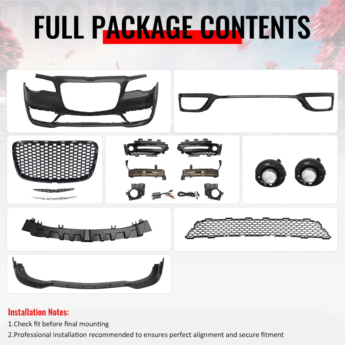 2015-2023 Chrysler 300 300S Style Front Bumper Cover Unpainted Black PP Conversion with DRL, Fog Lights, Gloss Black Upper/Lower Grille and Lip