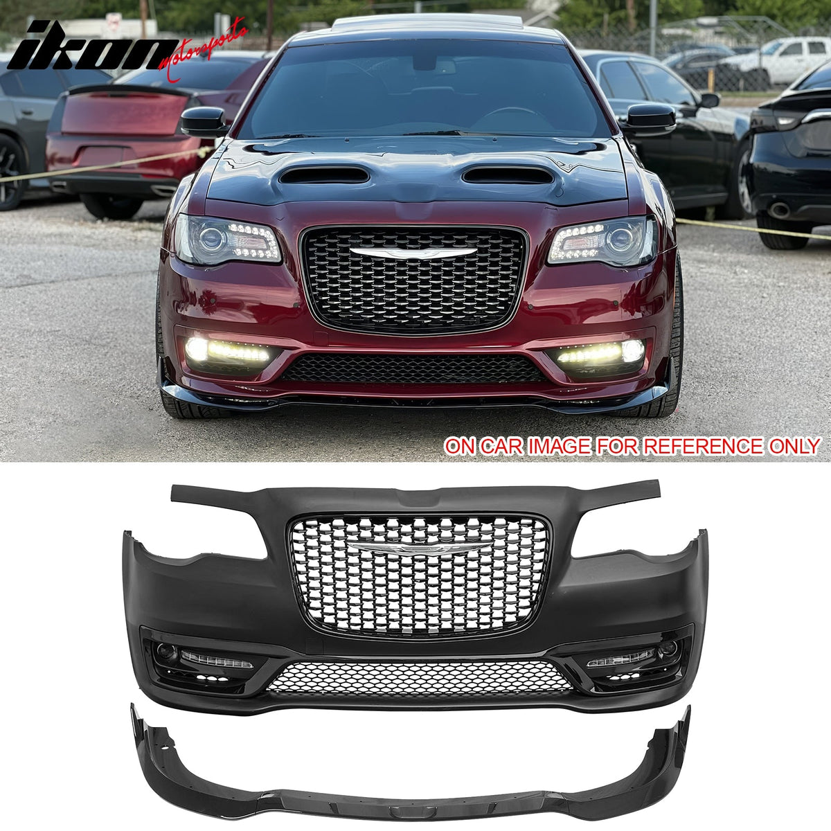 2015-2023 Chrysler 300 300S Style Front Bumper Cover Unpainted Black PP Conversion with DRL, Fog Lights, Gloss Black Upper/Lower Grille and Lip