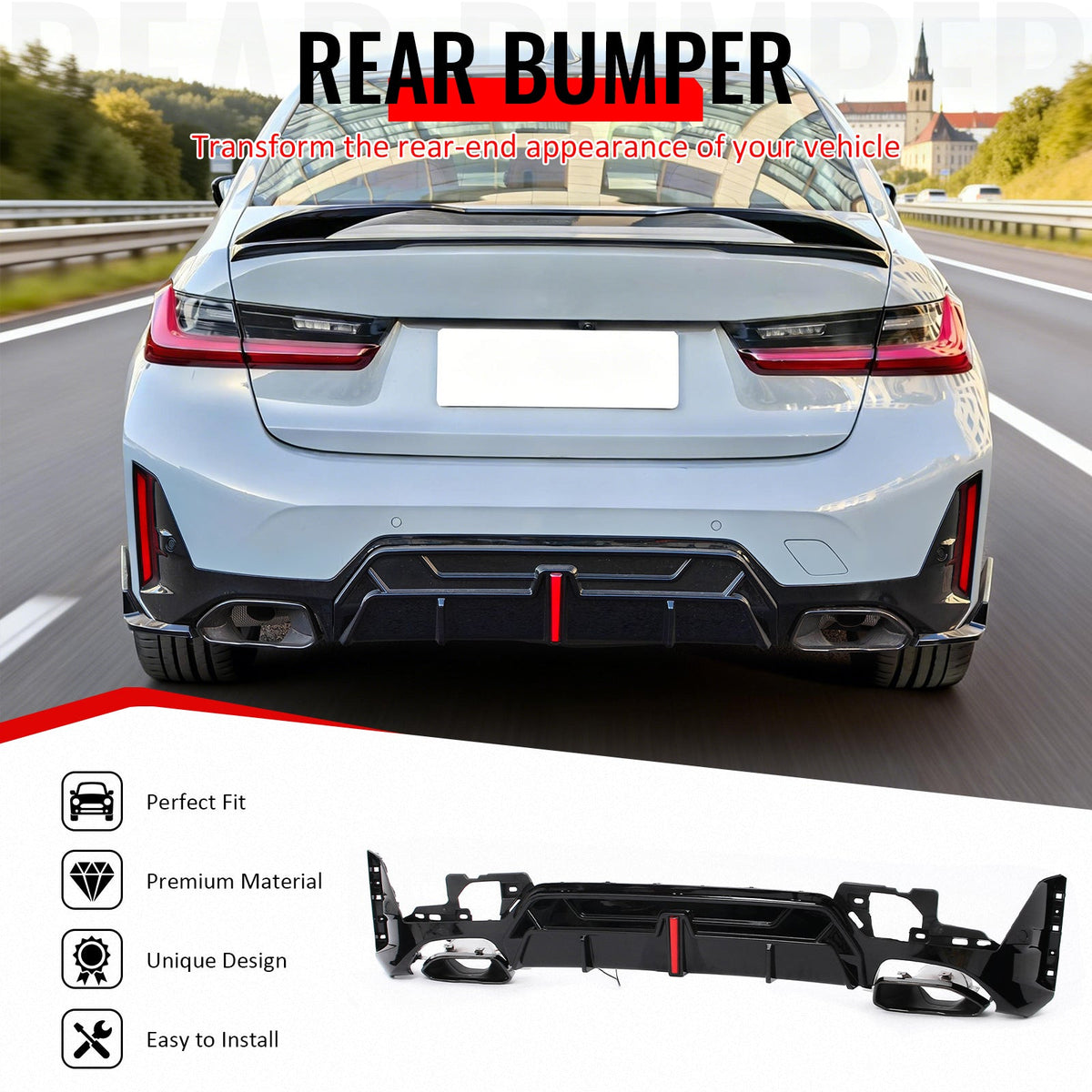 2023-2026 BMW G20 LCI 3-Series 320/330 with M Sport Bumper & M340i/M340i xDrive IKON Style Gloss Black Rear Bumper Lip Diffuser W/LED & Exhaust Tips