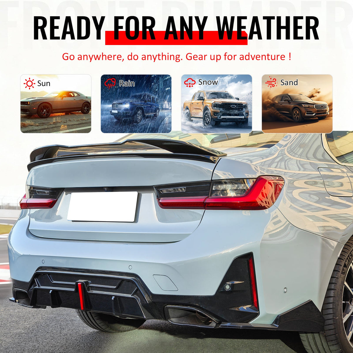 2023-2026 BMW G20 LCI 3-Series 320/330 with M Sport Bumper & M340i/M340i xDrive IKON Style Gloss Black Rear Bumper Lip Diffuser W/LED & Exhaust Tips