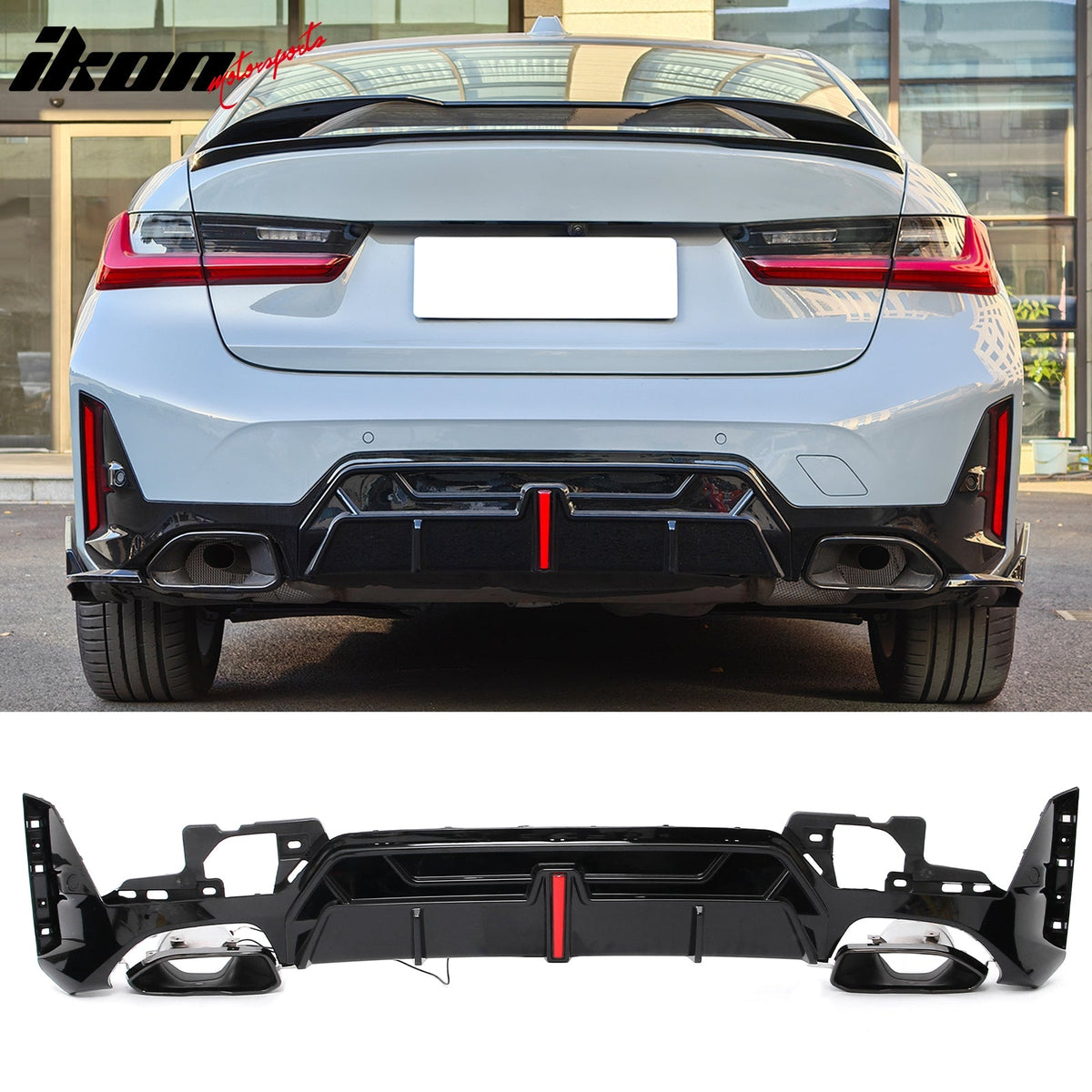 2023-2026 BMW G20 LCI 3-Series 320/330 with M Sport Bumper & M340i/M340i xDrive IKON Style Gloss Black Rear Bumper Lip Diffuser W/LED & Exhaust Tips