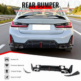 2023-2026 BMW G20 3-Series 320/330 W/M Sport Bumper & M340i/M340i xDrive IKON Style Gloss Black Rear Bumper Lip Diffuser W/LED & Aprons & Exhaust Tips