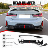 2023-2026 BMW G20 3-Series 320/330 W/M Sport Bumper IKON Style Gloss Black Rear Bumper Lip Diffuser W/LED & Aprons & Exhaust Tips & Trunk Spoiler