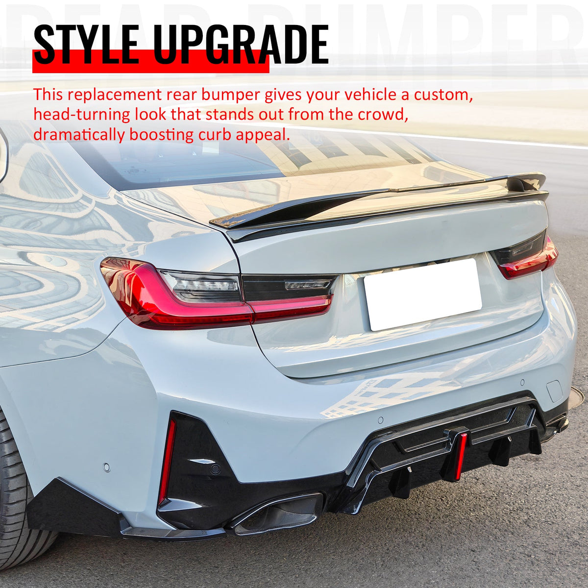 2023-2026 BMW G20 3-Series 320/330 W/M Sport Bumper IKON Style Gloss Black Rear Bumper Lip Diffuser W/LED & Aprons & Exhaust Tips & Trunk Spoiler