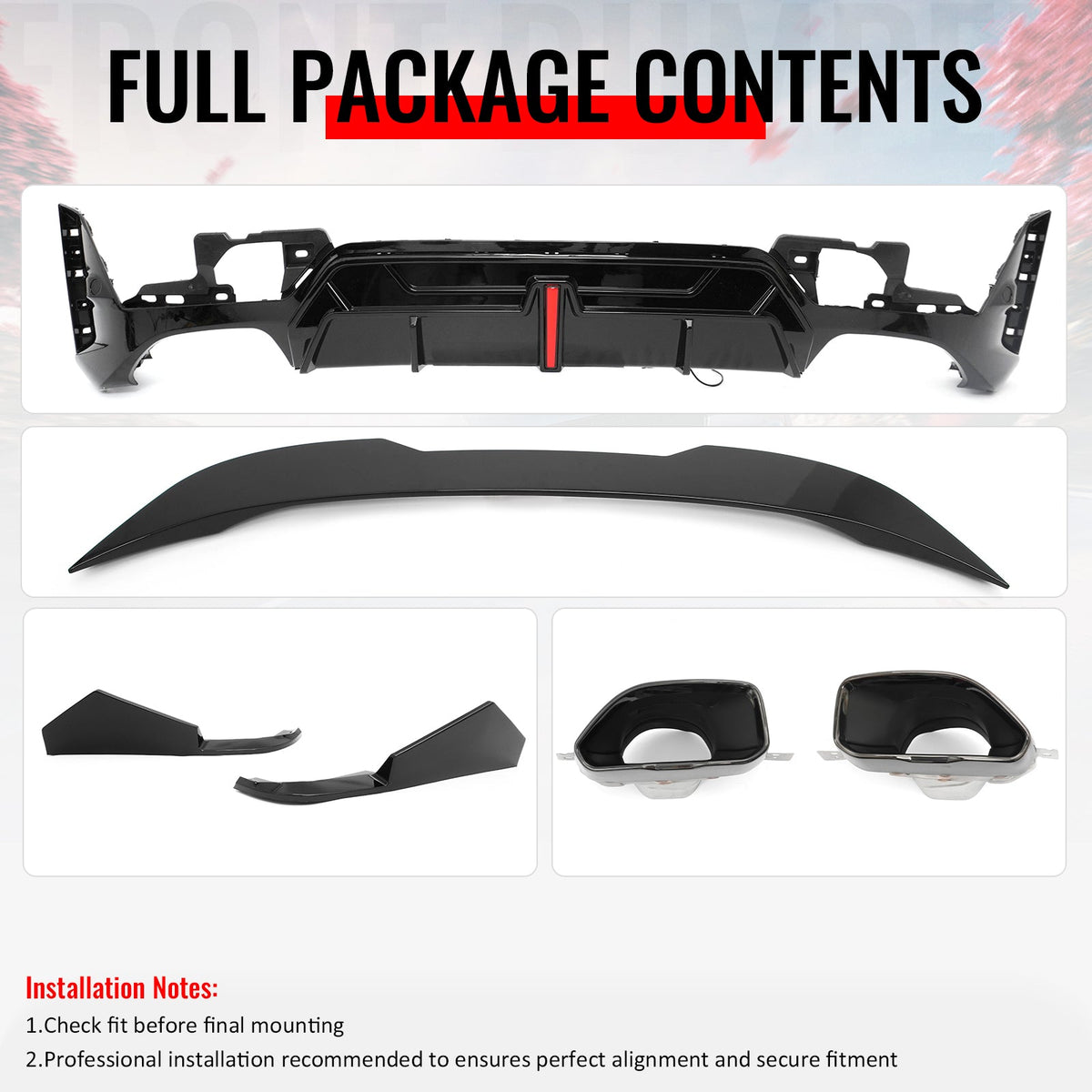 2023-2026 BMW G20 3-Series 320/330 W/M Sport Bumper IKON Style Gloss Black Rear Bumper Lip Diffuser W/LED & Aprons & Exhaust Tips & Trunk Spoiler