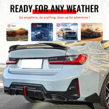 2023-2026 BMW G20 3-Series 320/330 W/M Sport Bumper IKON Style Gloss Black Rear Bumper Lip Diffuser W/LED & Aprons & Exhaust Tips & Trunk Spoiler