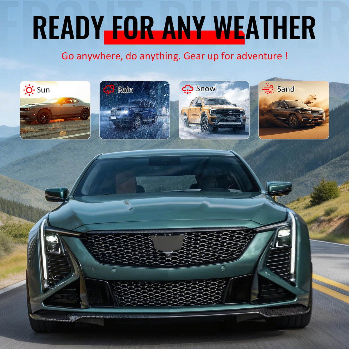 2025-2026 Cadillac CT5 (Premium Luxury/Sport/V) V Blackwing Style Unpainted Black PP Replacement Conversion Bodykit w/ Gloss Black Lip and Grille