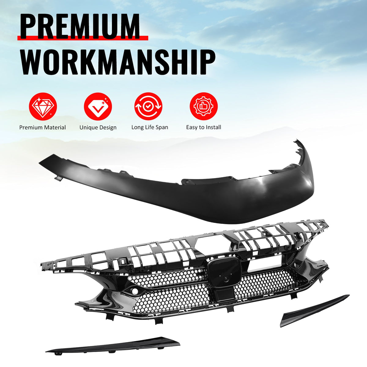 2022-2024 Honda Civic 11th Gen Sedan/Hatchback/Si Front Bumper Upper Hood Honeycomb Grille Replacement + Grille Molding Varis Style ASB Gloss Black