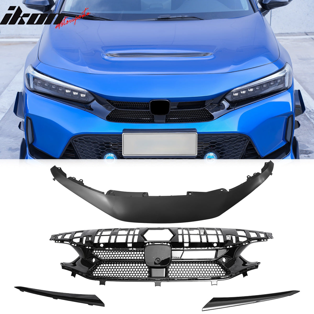 2022-2024 Honda Civic 11th Gen Sedan/Hatchback/Si Front Bumper Upper Hood Honeycomb Grille Replacement + Grille Molding Varis Style ASB Gloss Black