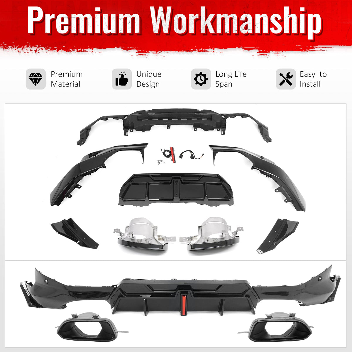 2022-2026 BMW 2-Series G42 M Sport IKON Style Rear Diffuser W/ Aprons Gloss Black PP