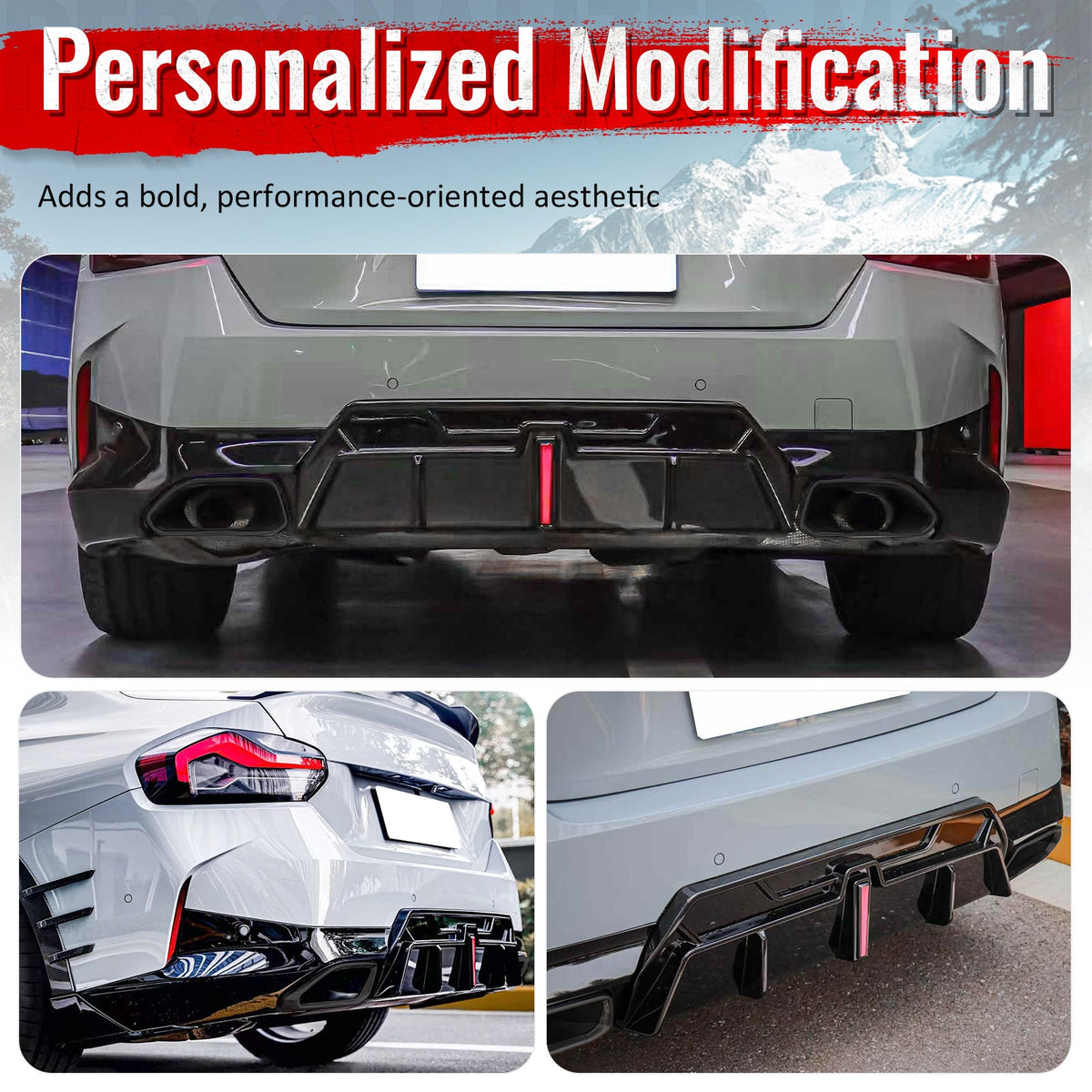 2022-2026 BMW 2-Series G42 M Sport IKON Style Rear Diffuser W/ Aprons Gloss Black PP