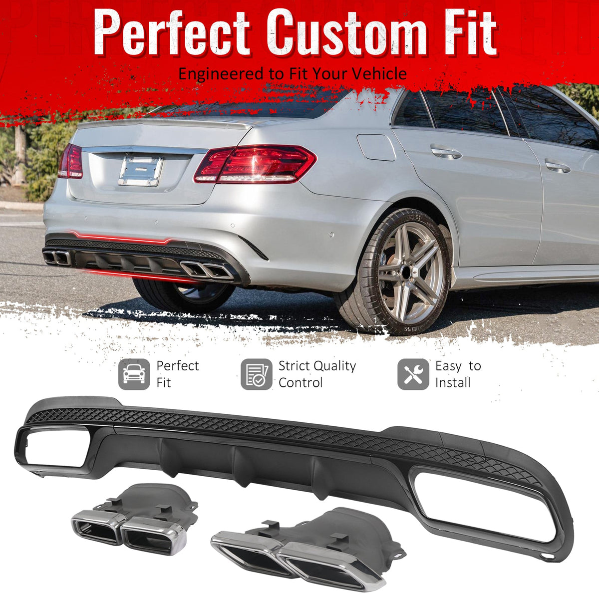 2014-2016 Benz E-Class W212 Sedan E63 Style Primer Black Rear Diffuser PP + Silver Exhaust Tips
