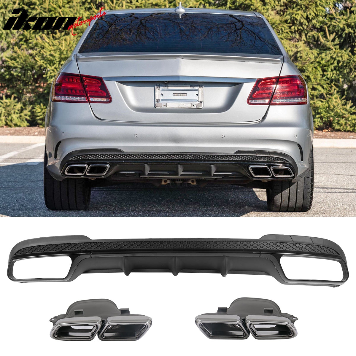 2014-2016 Benz E-Class W212 Sedan E63 Style Primer Black Rear Diffuser PP + Silver Exhaust Tips