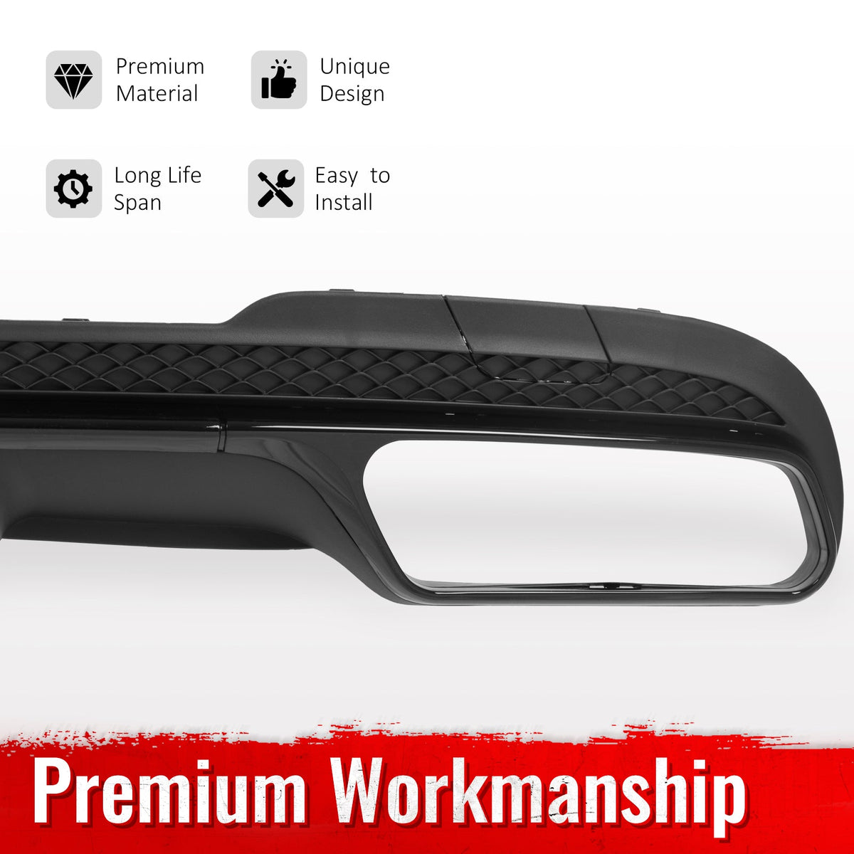 2014-2016 Benz E-Class W212 Sedan E63 Style Primer Black Rear Diffuser PP + Black Exhaust Tips