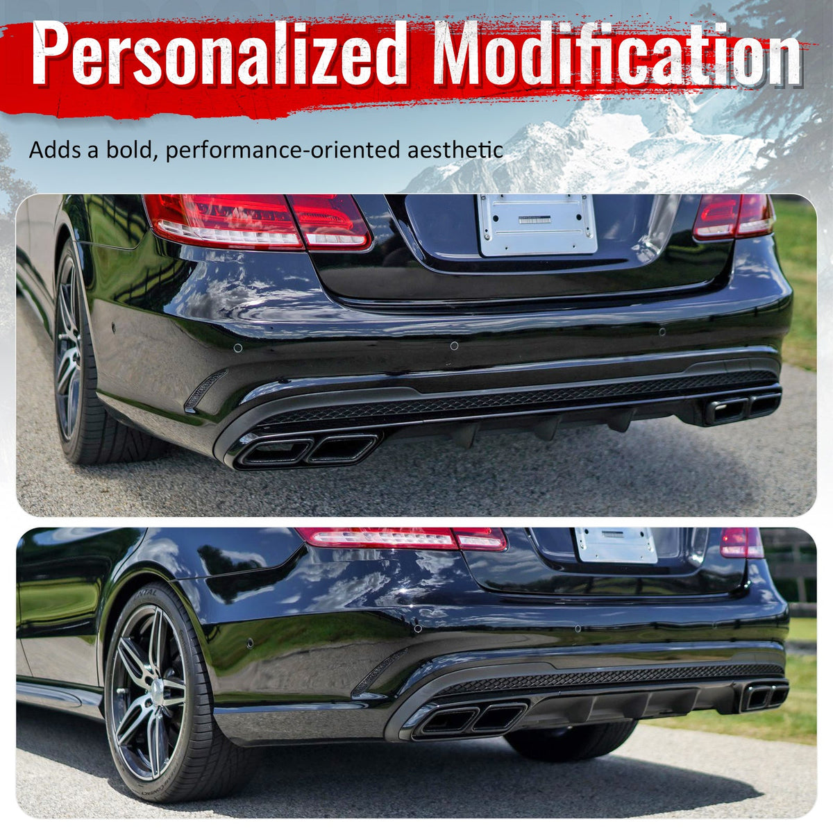 2014-2016 Benz E-Class W212 Sedan E63 Style Primer Black Rear Diffuser PP + Black Exhaust Tips