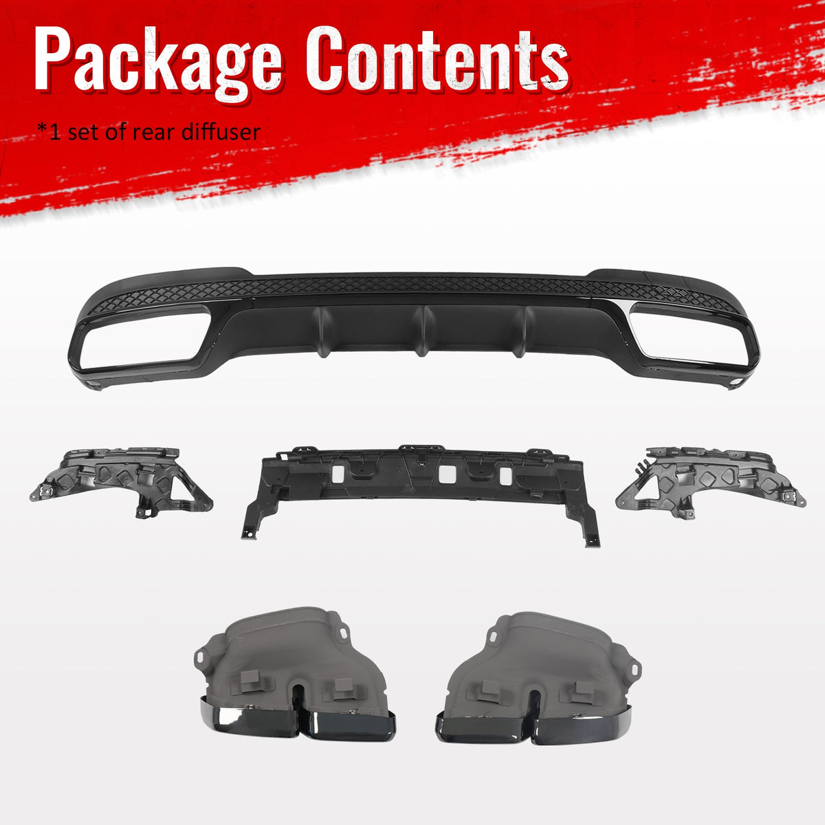 2014-2016 Benz E-Class W212 Sedan E63 Style Primer Black Rear Diffuser PP + Black Exhaust Tips