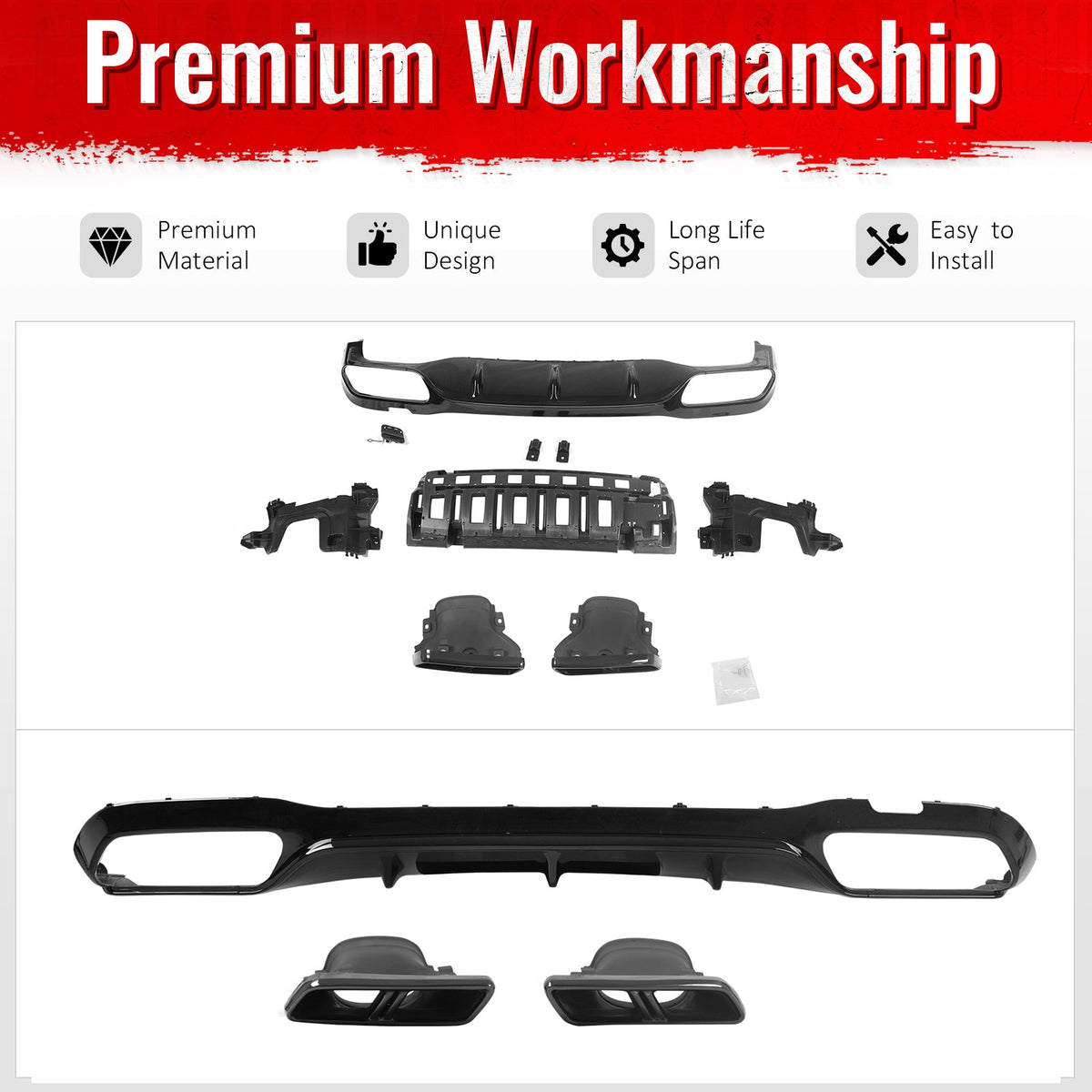 2017-2023 Benz E-Class W213 S213 E63 Style Gloss Black Rear Diffuser PP + Exhaust Tips