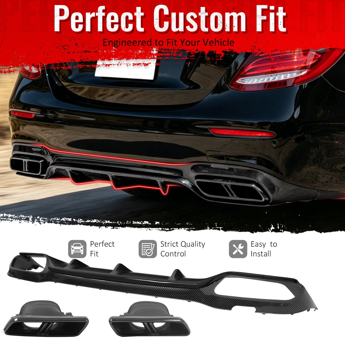 2017-2023 Benz E-Class W213 S213 E63 Style Carbon Fiber Print Rear Diffuser PP + Exhaust Tips