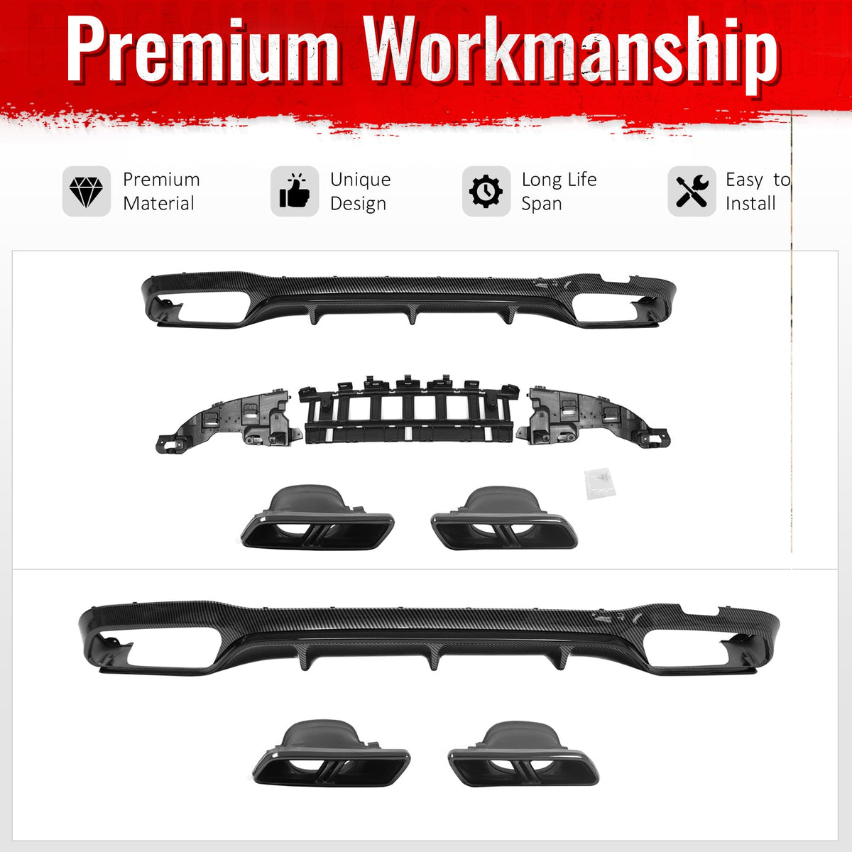 2017-2023 Benz E-Class W213 S213 E63 Style Carbon Fiber Print Rear Diffuser PP + Exhaust Tips