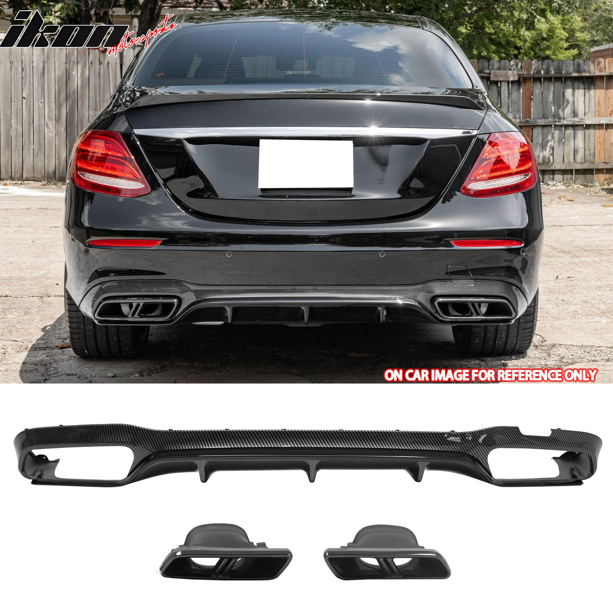 2017-2023 Benz E-Class W213 S213 E63 Style Carbon Fiber Print Rear Diffuser PP + Exhaust Tips