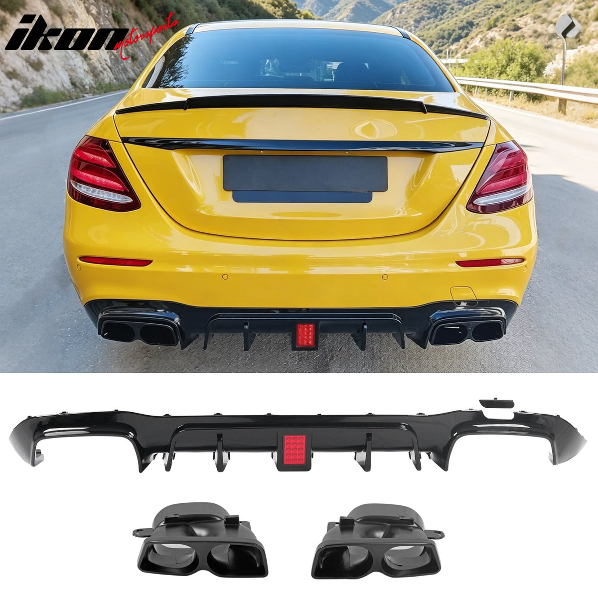 2017-2023 Benz E-Class W213 S213 Brabus BS Style Gloss Black Rear Diffuser PP + Exhaust Tips