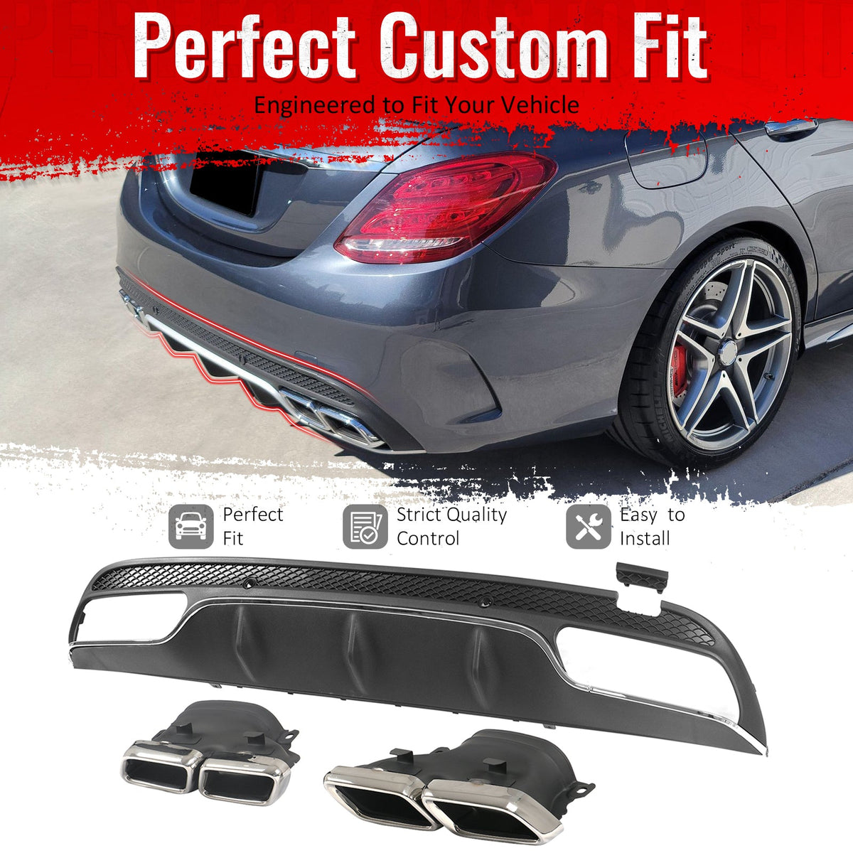 2015-2021 Benz C-Class W205 C63 Style Black&Silver Rear Diffuser PP + Silver Exhaust Tips