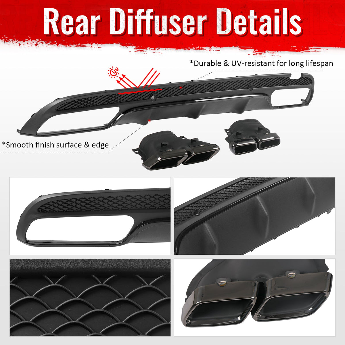 2015-2021 Benz C-Class W205 C63 Style Gloss Black Rear Diffuser PP + Exhaust Tips