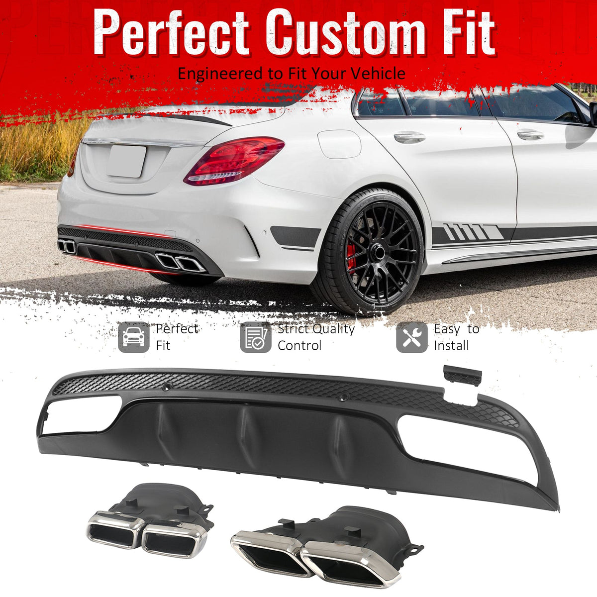 2015-2021 Benz C-Class W205 C63 Style Gloss Black Rear Diffuser PP + Silver Exhaust Tips
